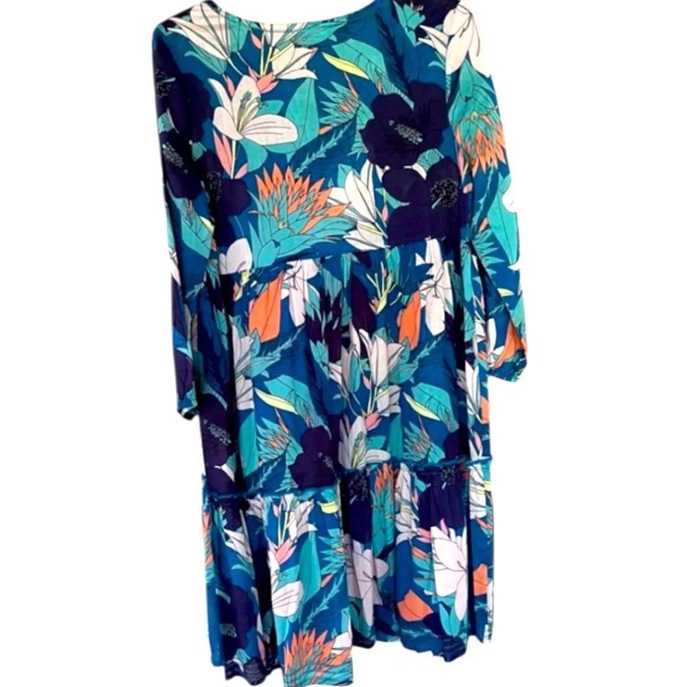 Tori Richard Blue and White Casual Tiered Sundress with Flutter Sleeves size S
